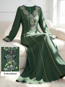 Al Najma Embroidered Lace Patchwork Elegant Modest Long Sleeve Dress - Green - View 4