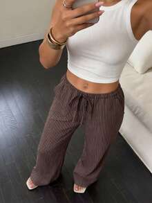 Easowa Women's Striped Tie-Waist Straight Leg Loose Casual Pants - Brown - View 6