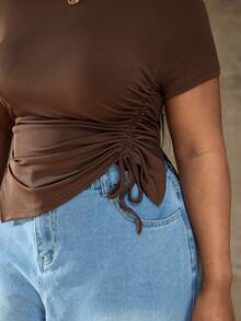 Truni Áo thun ngắn màu nâu xếp ly bất đối xứng cỡ lớn cơ bản dành cho nữ - màu nâu - Xem 6