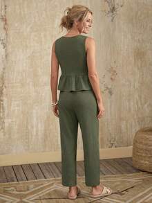 Faunlyn Bộ áo ba lỗ viền bèo nhún màu trơn và quần dài dành cho kỳ nghỉ & giải trí dành cho nữ - xanh quân đội - Xem 2