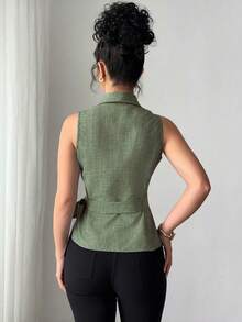 SHEIN Unity Women's Solid Color Wrapped Pleated Sleeveless Blouse, Elegant For Spring And Summer - Olive Green - View 2
