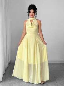 Elenzga Đầm dạ hội dáng chữ A hở lưng cổ yếm thanh lịch dành cho nữ cỡ lớn, trang trí eo bạc, thích hợp cho kỳ nghỉ. - Màu vàng ngỗng - Xem 4