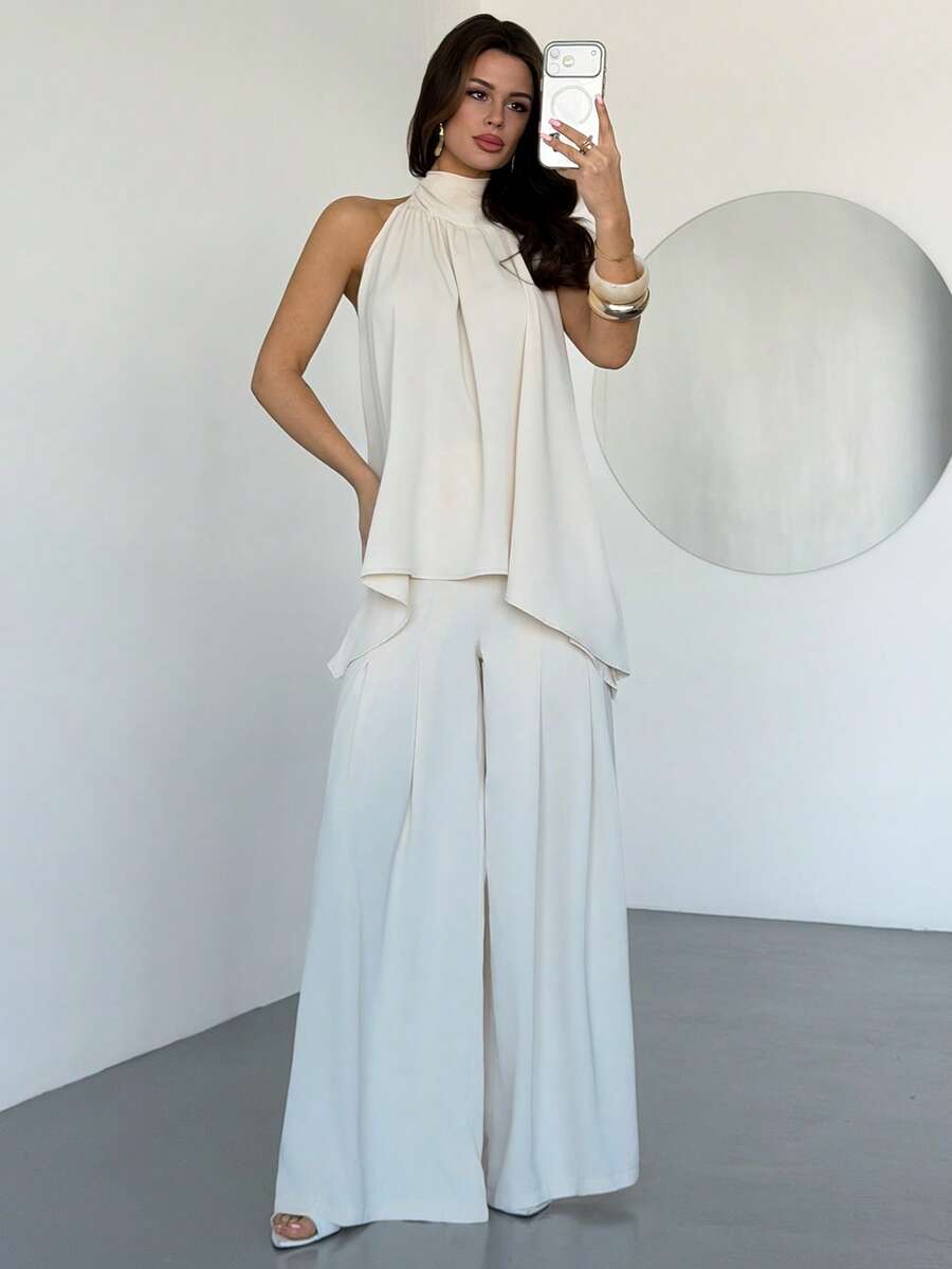 Firerie Women's Elegant Minimalist Comfortable Fashion Vacation Bohemian Commute Urban Modern Casual Halter Backless Draped Blouse And High Waist Wide Leg Flowing Pants Two Pieces Set, Apricot - Apricot - View 1