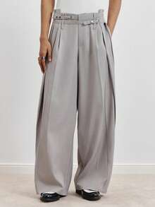 TOKVUE Pantalon gris pour hommes, pantalon à taille haute plissé à jambe droite et large, accessoire de décoration de taille, pantalon large à la mode et polyvalent pour hommes, pantalon gris, pantalon taille haute, pantalon ample pour hommes - Gris - Voir 2