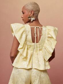 Vixey Satin Jacquard V Neck Ruffle Petal Sleeve Peplum Hem Top - Yellow - View 5