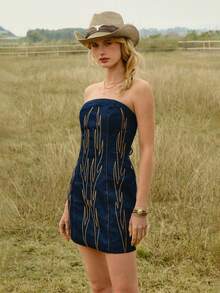 WESTFADE 女士西部刺绣露背系带无肩带迷你牛仔连衣裙 - 深色水洗藍 - 查看 5