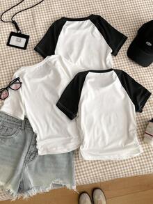 3 Packs Spring & Summer Basic Printed T-Shirts For Teen Girls, Fresh Style With Versatile Spring Colorways, Comfortable Fit, Ideal For School, Daily Outings And Various Occasions - Black and White - View 2