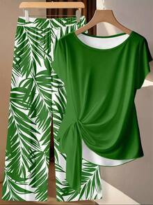 SHEIN Clasi 女士系带蝴蝶结上衣和阔腿裤两件套，热带棕榈树印花，适合海滩、派对、休闲穿着，时尚别致 - 彩色 - 查看 2