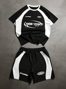 PAVTROS 男士街头风T恤短裤套装，撞色学院风，机车风，黑白拼接，适合户外音乐节、日常穿着、朋友聚会、送给男友/老公的礼物、周年纪念礼物。男士两件套健身服，男士运动套装，男士慢跑套装，男士街头服饰套装，男士黑白套装 - 彩色 - 查看 3