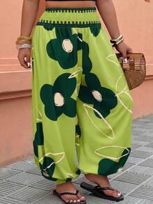 SHEIN LUNE Quần ống loe cạp chun dành cho nữ cỡ lớn, quần dài thoải mái cho kỳ nghỉ, họa tiết hoa thời trang, thích hợp cho mùa hè. - Nhiều màu - Xem 3