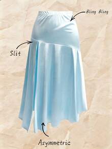 GlowEve CURVE Plus Size High Waist Asymmetrical Side Slit Satin-Like Pearlescent Skirt - Teal Blue - View 6
