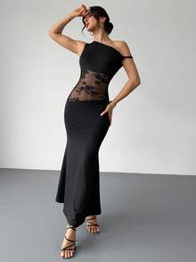 RiviMae 女士不对称领性感蕾丝拼接修身鱼尾连衣裙/黑色连衣裙/女士夏季连衣裙 - 黑色 - 查看 4