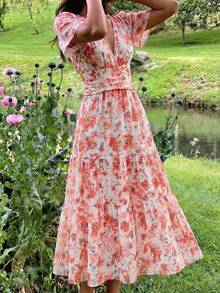 KARISMINA Women's Elegant V-Neck Floral Print Orange And White Maxi Dress,Summer Boho Garden Party Holiday Outfits,Cottagecore Wedding Guest Dress - Orange - View 1