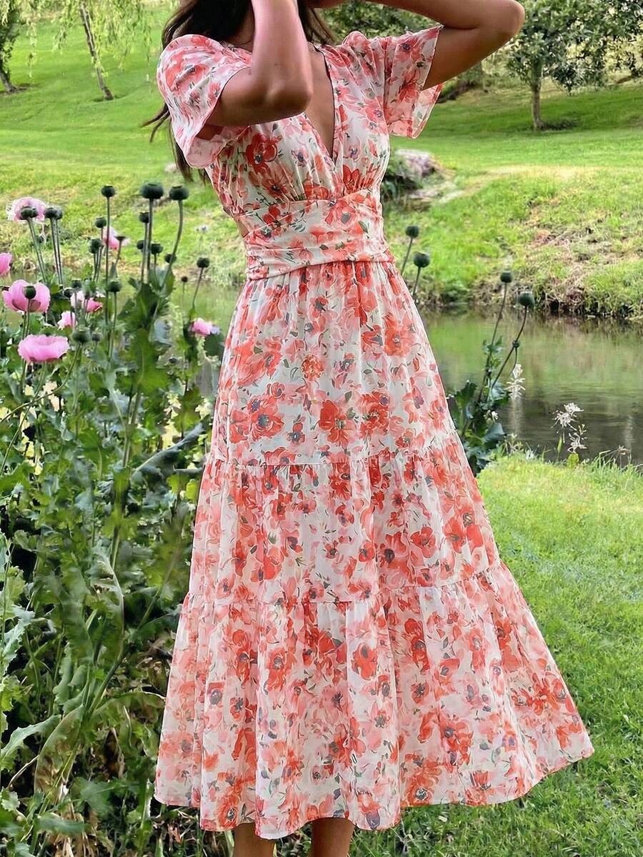 KARISMINA Women's Elegant V-Neck Floral Print Orange And White Maxi Dress,Summer Boho Garden Party Holiday Outfits,Cottagecore Wedding Guest Dress - Orange - View 1