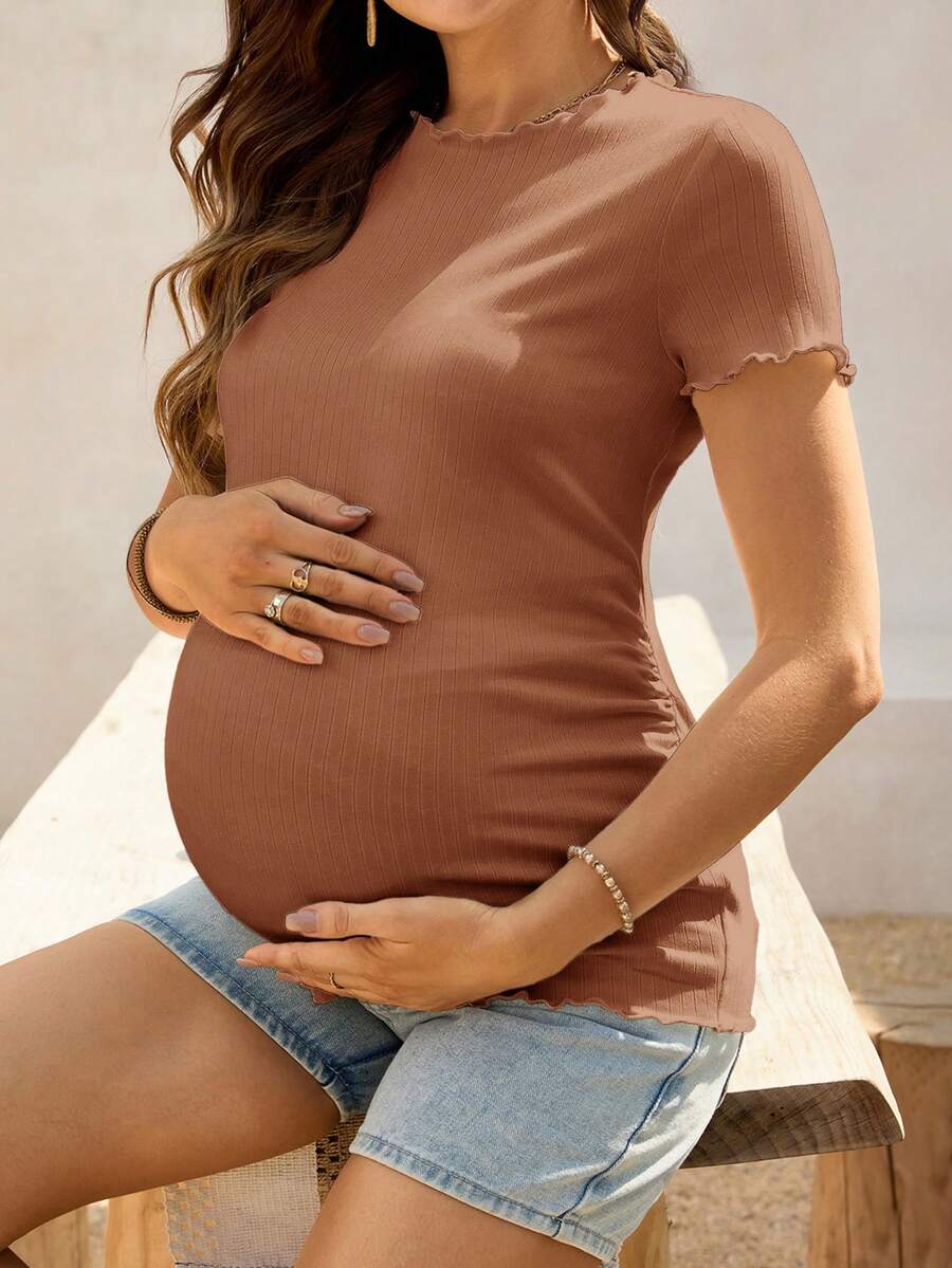 SHEIN Top de manga corta ajustado con borde de lechuga acanalado blanco para maternidad de verano - Marrón Chocolate - Ver 1