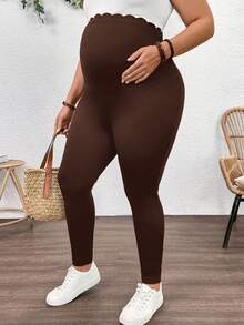 Plussiva 孕妇加大码纯色高弹力可调节腰围裤 - 棕色 - 查看 6