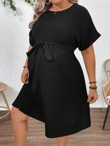 Plussiva Plus Size Maternity Solid Color Minimalist Casual Short Sleeve Dress - Black - View 4