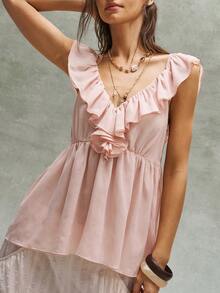 Bohemela 女士纯色V领荷叶边吊带背心，春夏款 - 藕粉色 - 查看 2