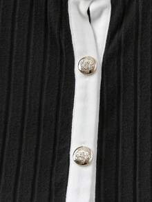 Franclia 两件套女士休闲纯色黑白撞色下摆荷叶边袖口纽扣装饰撞色拼接开襟上衣和纯色阔腿裤套装，柔软舒适，适合秋冬春季穿着，法式优雅风格，日常百搭。 - 黑與白 - 查看 5