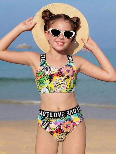 2pcs/Set Minimalist Design Criss-Cross Strap Top With LOVE Tape Colorful Printed Swimsuit, Fashionable And Distinctive, Suitable For Swimming, Vacation, Summer Wear, Essential Swimming Item