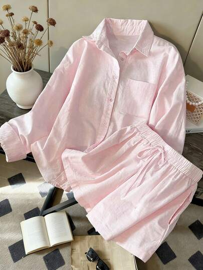 Airaco Bộ áo dài tay và quần short nữ phong cách tối giản cổ điển với họa tiết đồng xu.