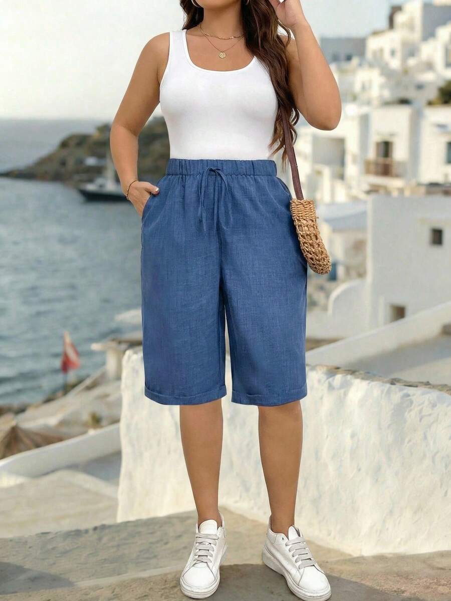 EMERY ROSE Plus Size Women's Solid Color Waist Tie Pocket Loose Casual Shorts Jorts For Women Baggy Wide Leg Shorts Linen Shorts For Women Long Shorts For Women Modest Shorts Vacation Women Summer Holiday Black Shorts - Blue - View 1