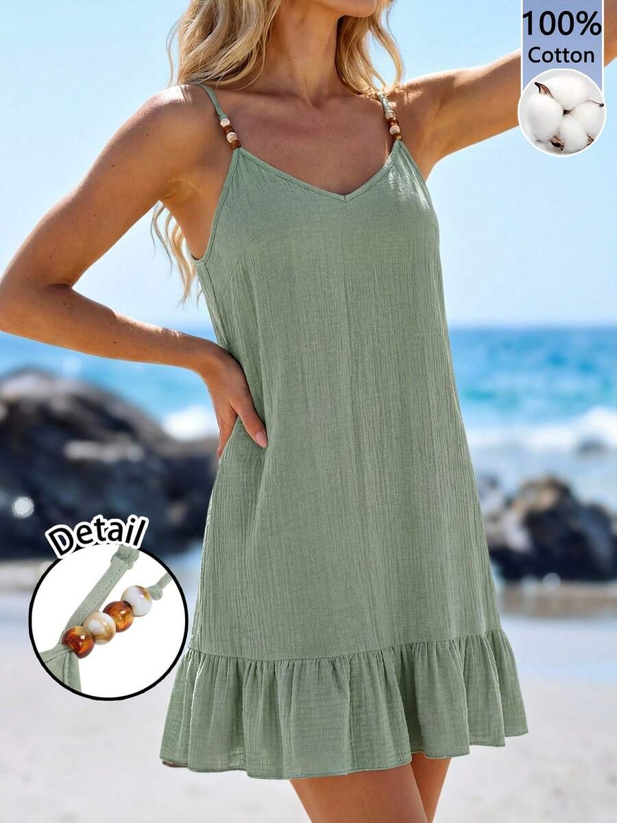 Sylviya 女士纯色褶皱串珠度假迷你吊带裙 - 綠色 - 查看 1