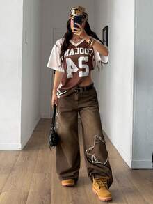 Coolane 女士春夏节日复古街头运动迷彩数字印花棒球衫T恤 - 杏色 - 查看 6