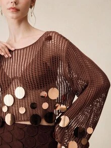 Anewsta Women's Elegant Handmade Mesh Knit Beaded Top - Coffee Brown - View 5