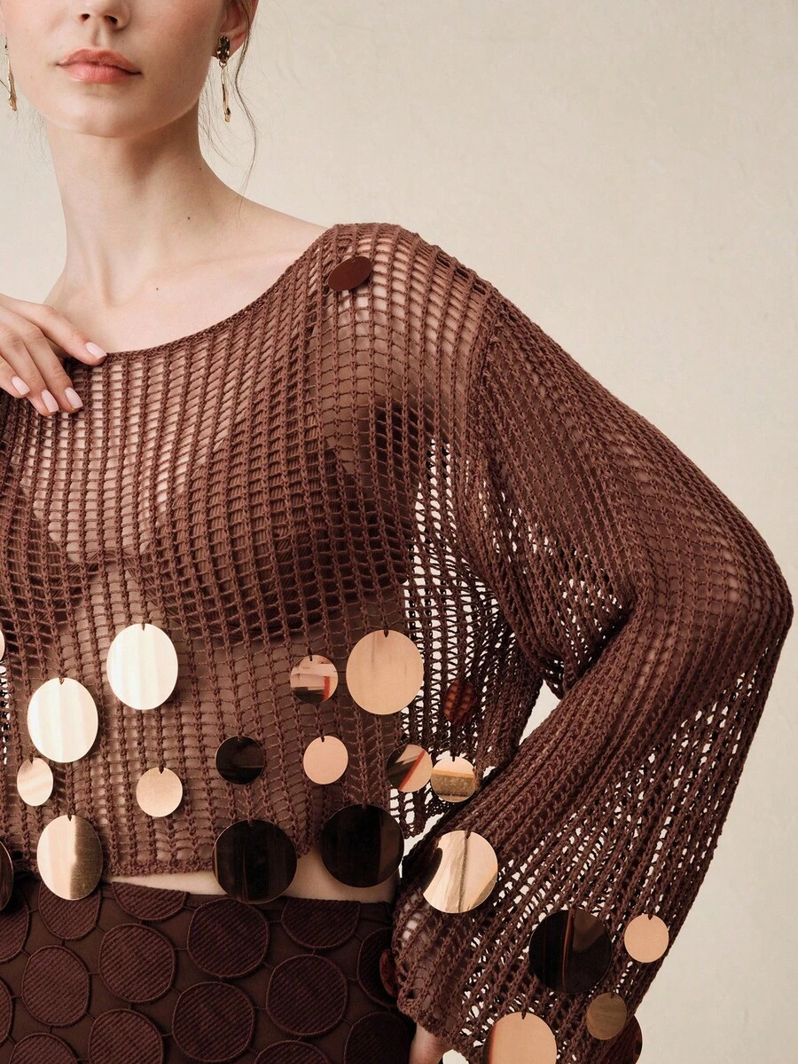 Anewsta 女士优雅手工网纱针织串珠上衣 - 咖啡棕 - 查看 1