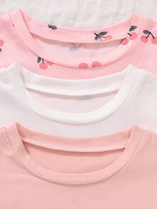 Vintaside Kids 3pcs Girls' Cute Mini Cherry Print Casual Loose Short Sleeve T-Shirt And Shorts Set, Suitable For Summer - Multicolor - View 7