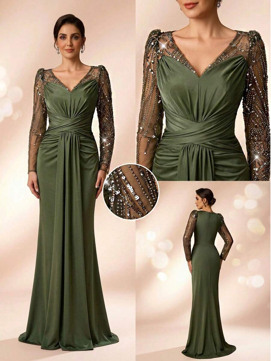 Serin 优雅奢华的串珠、亮片和刺绣弹力针织泳衣面料，配以透明褶皱袖和美人鱼裙摆，适合婚礼、派对、度假、新娘、新娘母亲等正式场合穿着。 - 軍綠色 - 查看 1