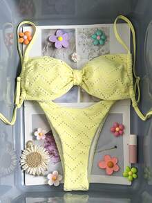 Swim Mod 女士提花面料吊带比基尼套装，适合春夏度假 - 黃色 - 查看 7