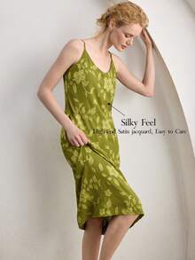 Ocili Vestido camisero minimalista con recortes de satén, cómodo y elegante camisón de otoño para mujeres - Verde - Ver 2