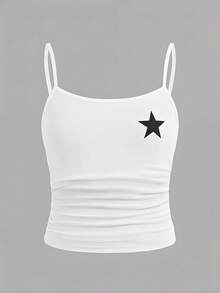 SHEIN Girlism 随机6件，赠送2件少女简约舒适褶皱吊带背心两件套，黑白两色，细肩带设计，饰有黑白星形图案，柔软舒适，2026春夏新款时尚上衣，适合母亲节、毕业季等场合，春夏日常、外出、度假、节日穿着，时尚少女，休闲穿着，新款，返校季、休闲、开学季等场合。 - 彩色 - 查看 3