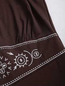 Sweetra 新款嬉皮风刺绣复古休闲/工作装棕色吊带连体裤，女士，春夏款 - 棕色 - 查看 3