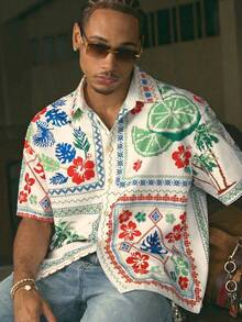 AXEPEAK Fashionable Street Style Floral Print Short Sleeve Shirt For Men - Multicolor - View 2