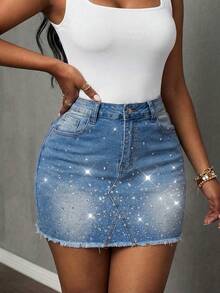 Slaydiva Women's Fashion Rhinestone Fringe Denim Mini Skirt - Blue - View 1