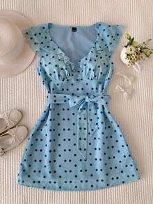 Comfortcana 女士波点印花荷叶边短裙 - 藍色 - 查看 5