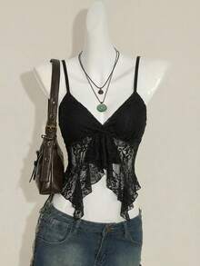 Attitoon 女士休闲性感蕾丝吊带背心，女士日常穿搭，Y2K风格 - 黑色 - 查看 3