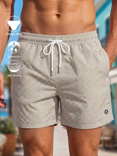 Horizaway Pantalones cortos de playa con cordón en la cintura y estampado geométrico todo sobre, traje de baño para hombres, traje de baño de color beige para hombres