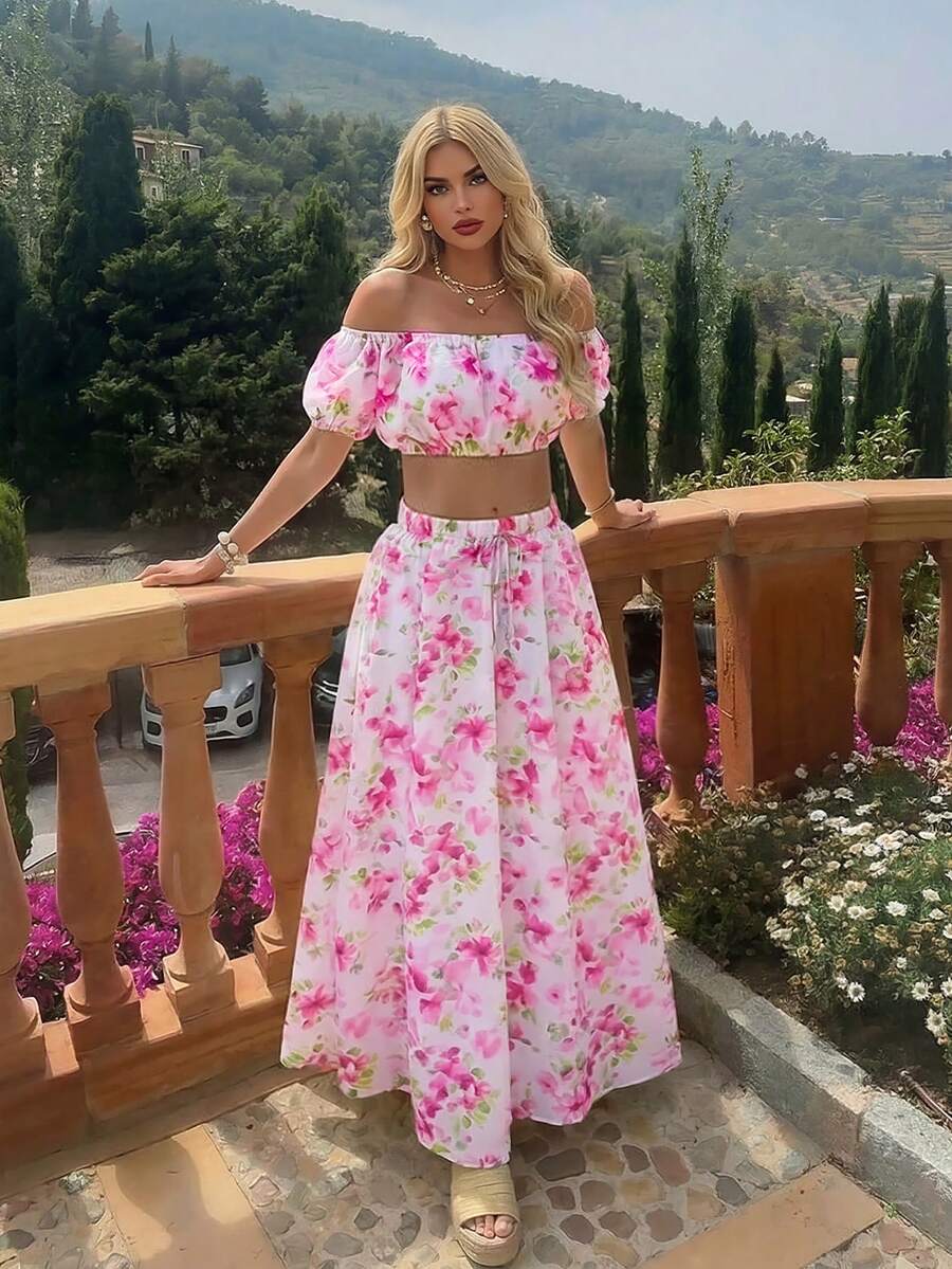 Lucivie 女士浪漫露肩碎花两件套 | 荷叶边短款上衣和长裙套装，性感优雅的春夏度假约会装 - 粉色 - 查看 1