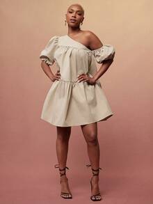 Vixey Solid Woven Asymmetrical Off Shoulder Petal Sleeve Tiered Flowy Short Dress - Khaki - View 2