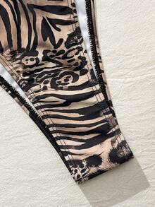 Bonvoyette Shapewave-D 女士豹纹斑马纹撞色塑形吊带比基尼上衣+高开衩泳裤，串珠点缀，可调节交叉后背带，狂野印花设计，性感修身凸显曲线，沙滩度假泳装套装 - 彩色 - 查看 5