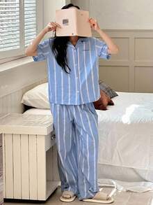 Dazy Kids 少女条纹长袖上衣和裤子家居服套装，秋夏季 - 藍色 - 查看 5