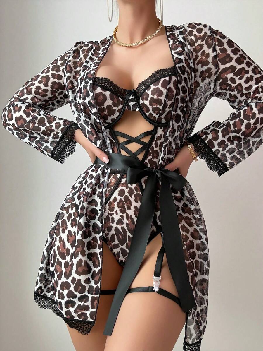 Bare Chapter 5pcs Set: Sexy Classic Leopard Print Bodystocking + Robe + 2 Garters + Belt - Black - View 1