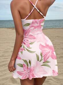 SHEIN SXY Women's Floral Print Spaghetti Strap Short Dress, Pink Floral Pattern,Summer Dress,Vacation Dress,Summer Dresses For Women - Multicolor - View 3