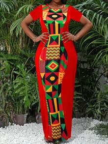 SHEIN Lady Đầm nữ cổ tròn tay ngắn ôm dáng, họa tiết hình học. - Nhiều màu - Xem 4