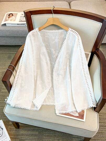 GlowEve CURVE 大码女装春夏新款优雅休闲度假半透明刺绣时尚百搭高端薄款蕾丝边长袖轻薄外套