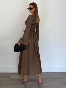 Siren Gaze Women's Solid Color Pleated Drawstring Casual Long Sleeve Dress - Brown - View 2